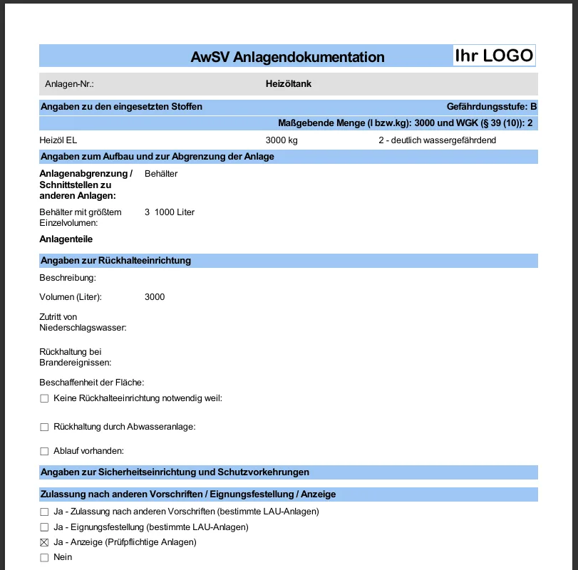 AwSV-Anlagendokumentation nach § 43 AwSV mit Stoffangaben, Rückhalteeinrichtung und Sicherheitseinrichtungen