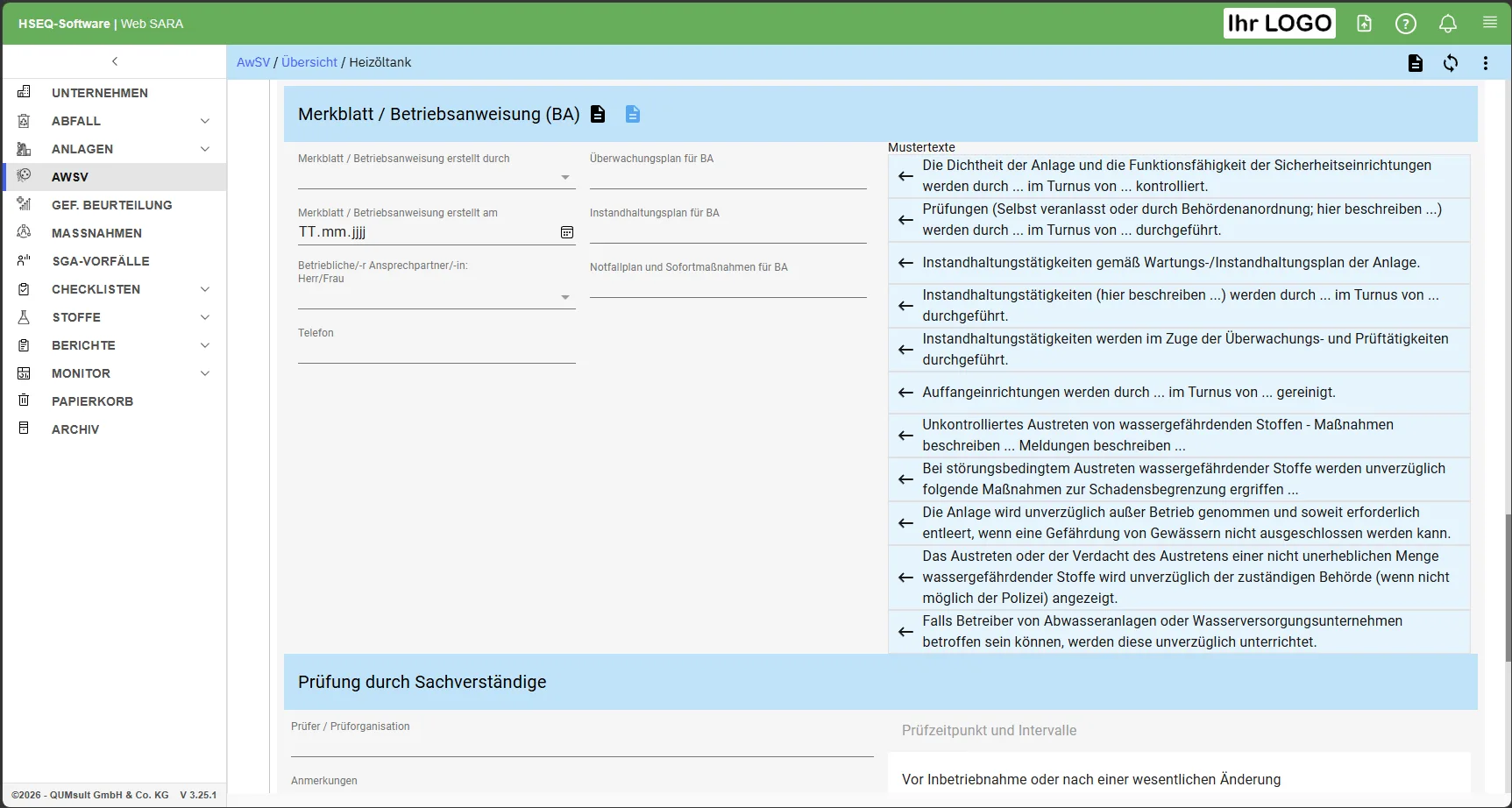 Merkblatt und Betriebsanweisung einer AwSV-Anlage mit Mustertexten für Instandhaltungs- und Meldepflichten