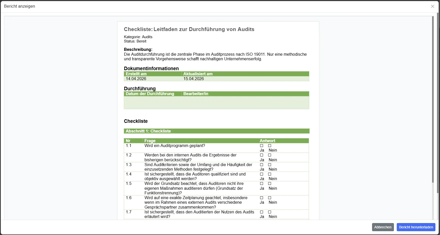 Exportierter Bericht einer durchgeführten Checkliste in Web SARA
