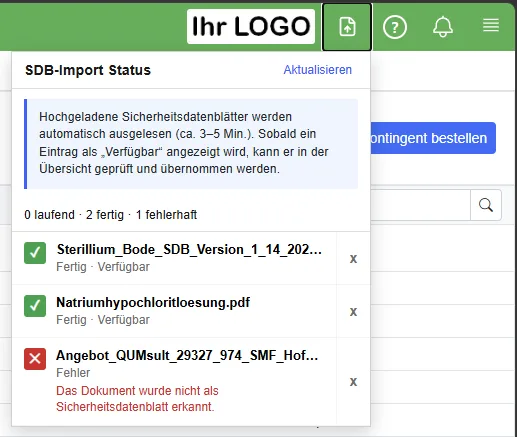 Statusübersicht des KI-gestützten SDB-Imports mit laufenden, abgeschlossenen und zur Übernahme bereiten Sicherheitsdatenblättern
